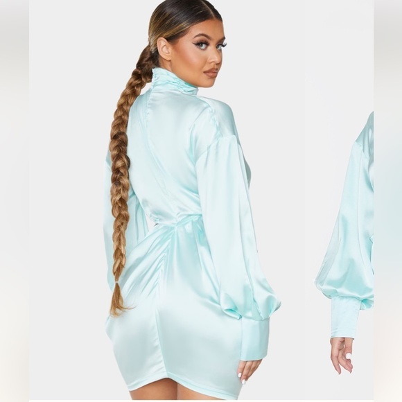 SATIN AQUA SIDE CUT OUT BALLOON SLEEVES MINI DRESS SIZE 8 - Picture 2 of 9